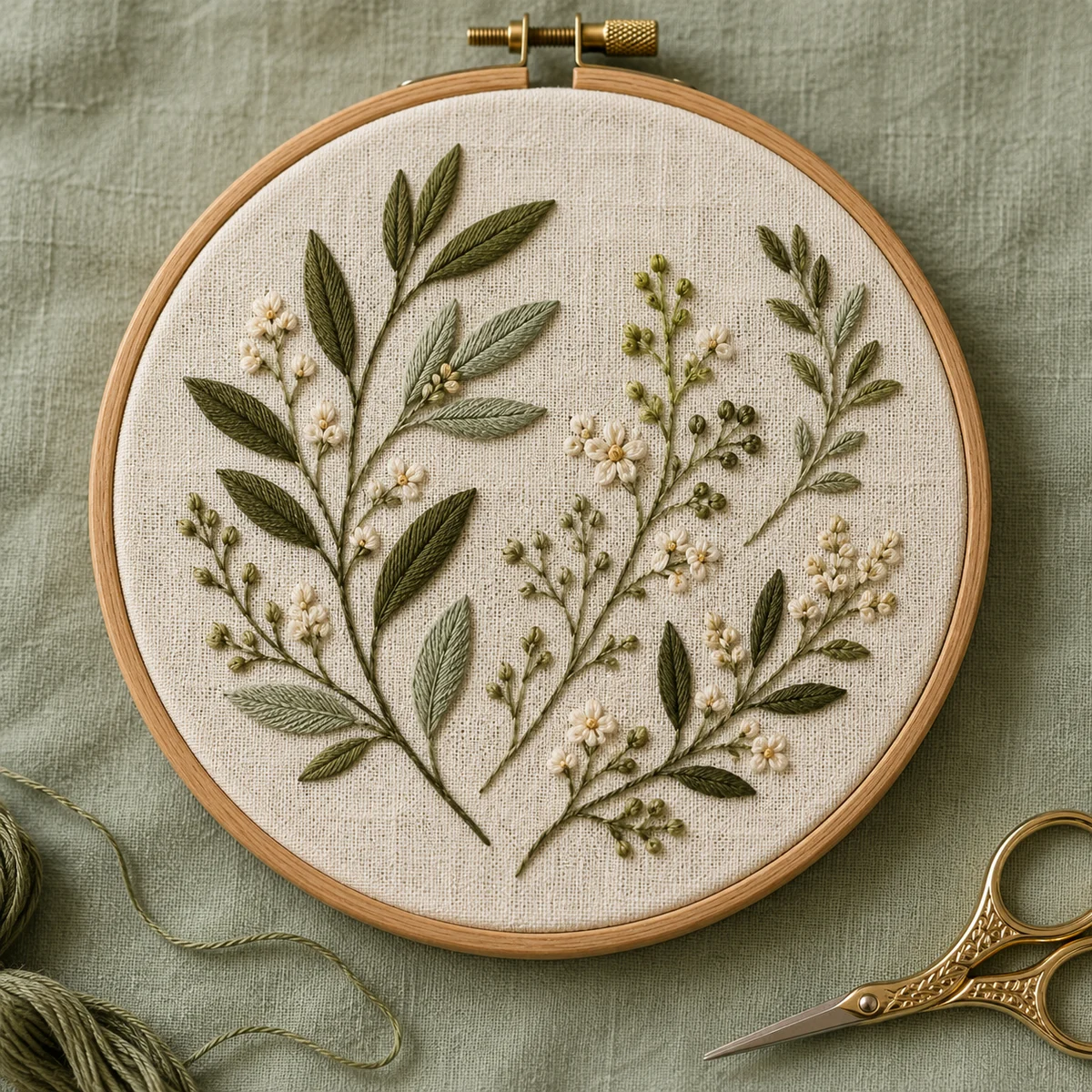Illustrative botanical embroidery in a wooden hoop