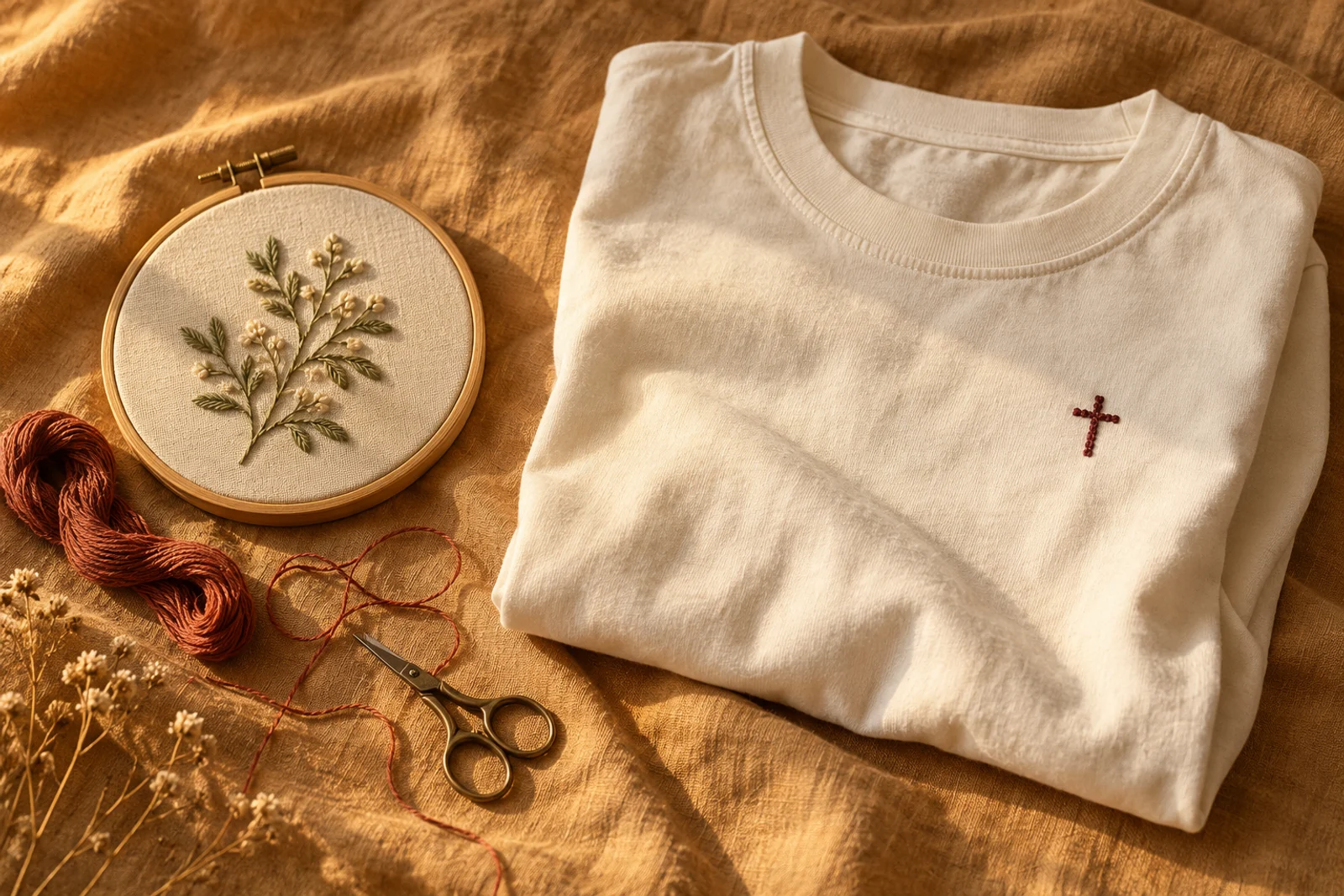 Illustrative still life of a cross-embroidered cream tee, botanical hoop, and terracotta thread