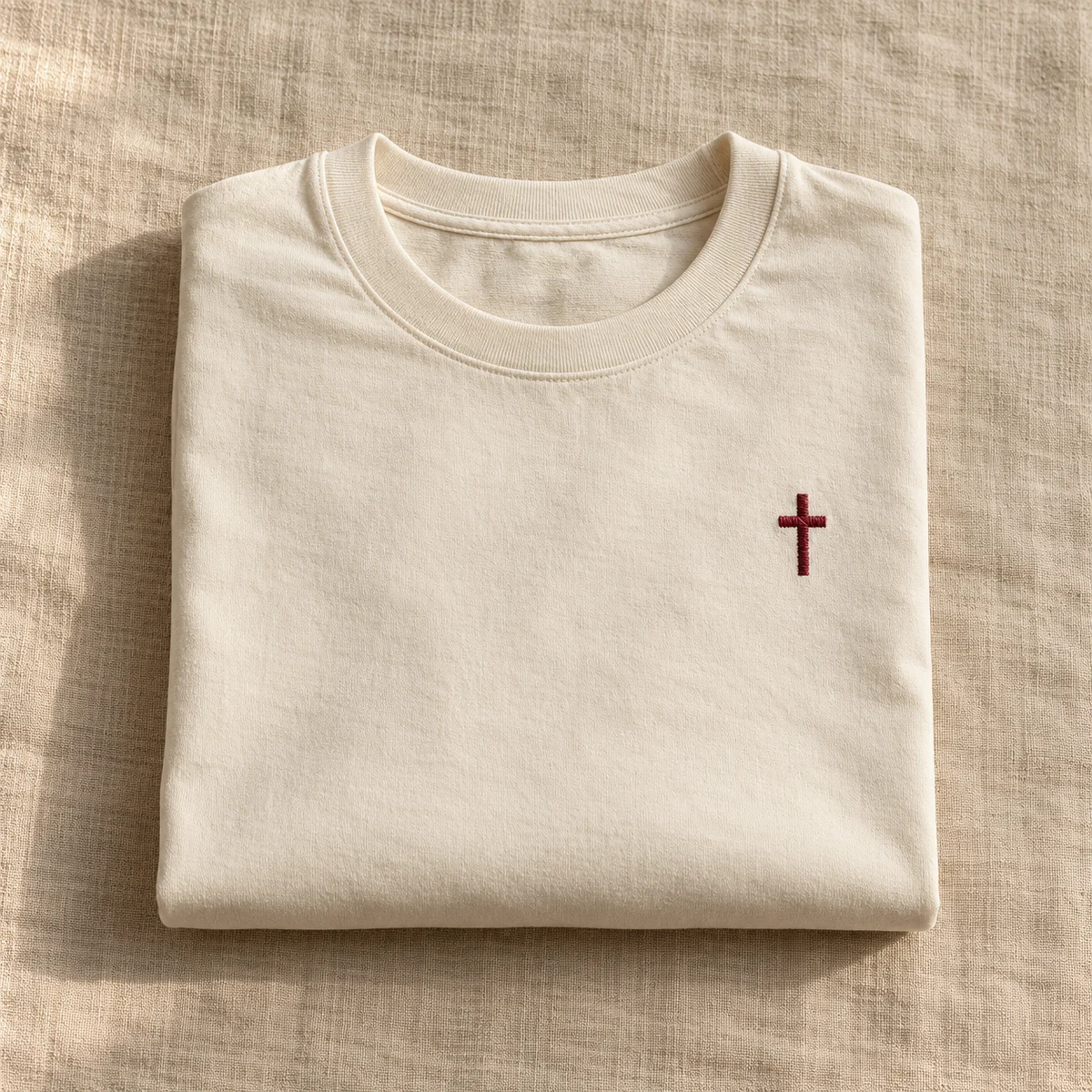 Illustrative cream T-shirt with a small burgundy embroidered cross